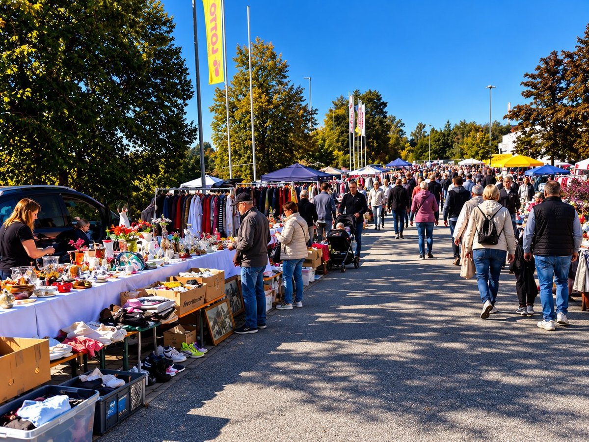 Flohmarkt mit Verkäufern an Tischen und vielen Besuchern auf baumbestandenen Wegen an einem sonnigen Tag.