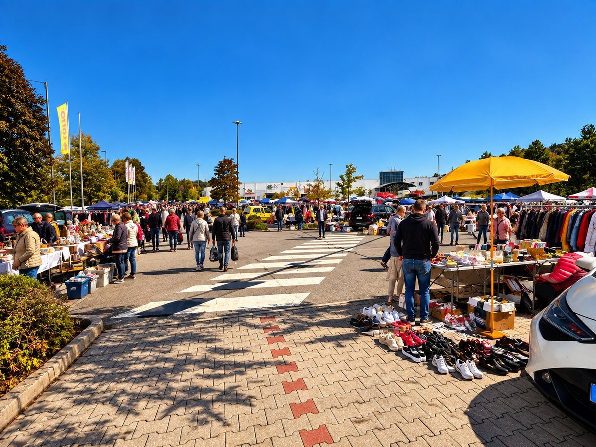 Belebter Flohmarkt mit Marktständen, gelbem Sonnenschirm und stöbernden Besuchern unter klarem Himmel.