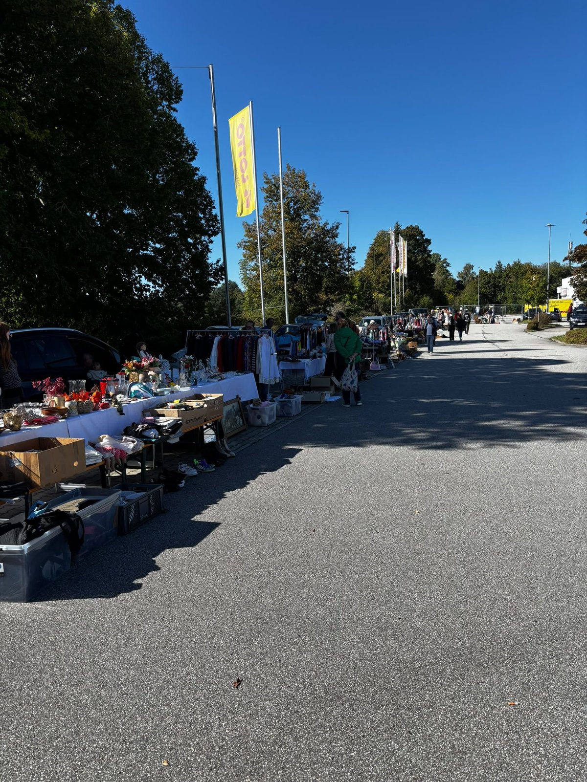 Verkaufsstände reihen sich entlang eines breiten, baumbestandenen Weges auf dem Flohmarkt.