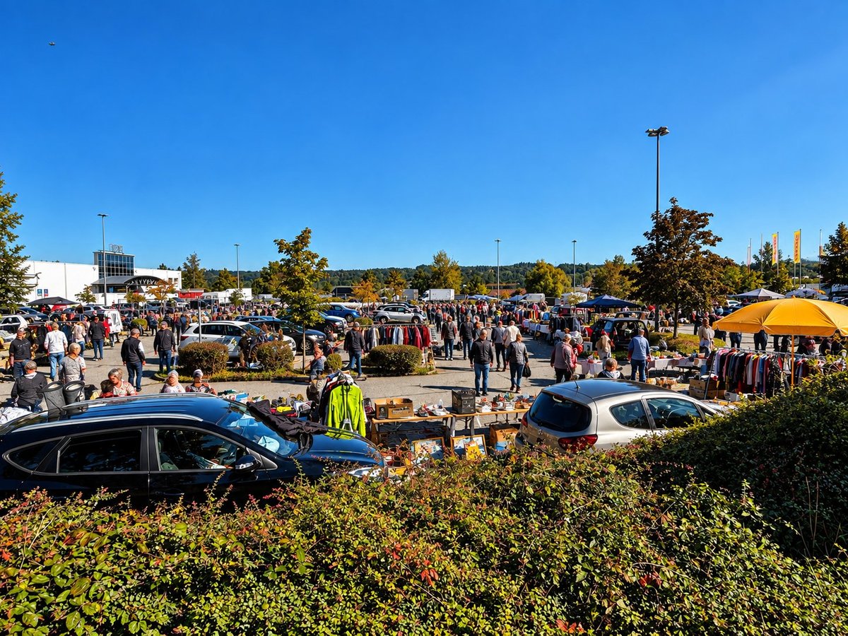 Veranstaltung mit geparkten Fahrzeugen und vielen Besuchern auf einem sonnigen Platz mit blauem Himmel und Bäumen.
