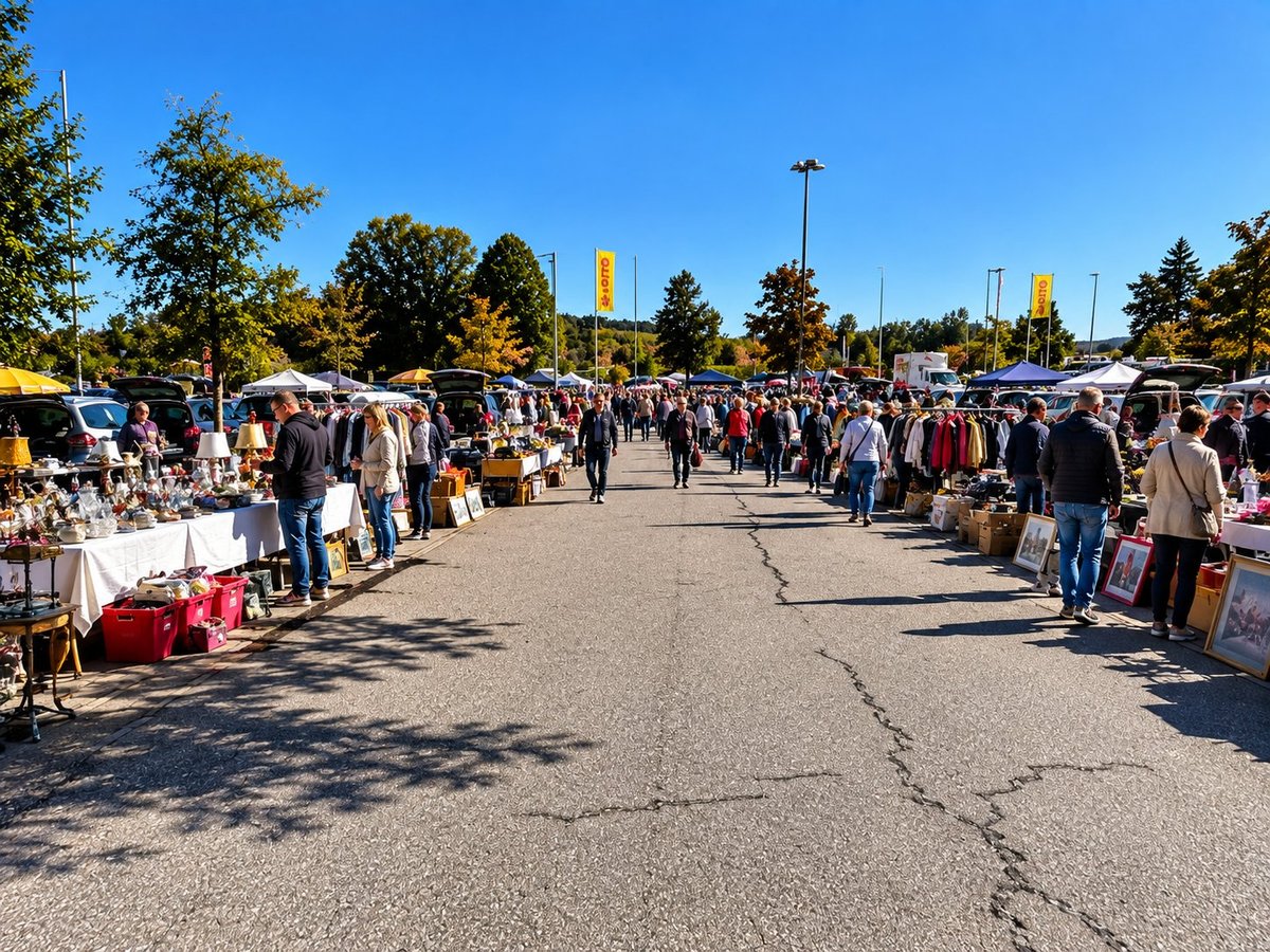 Belebter Flohmarkt mit Marktständen entlang einer breiten Straße und Bäumen im Hintergrund.