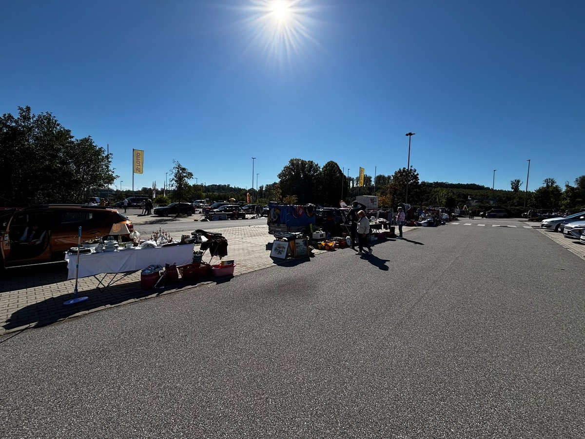 Belebter Parkplatz mit Marktständen, Fahrzeugen und Besuchern unter strahlendem Sonnenschein.